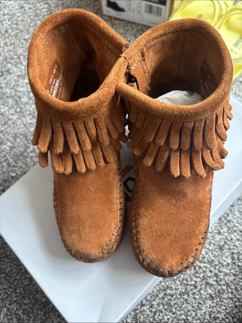 Kids Minnetonka Suede Fringe Booties - Tan